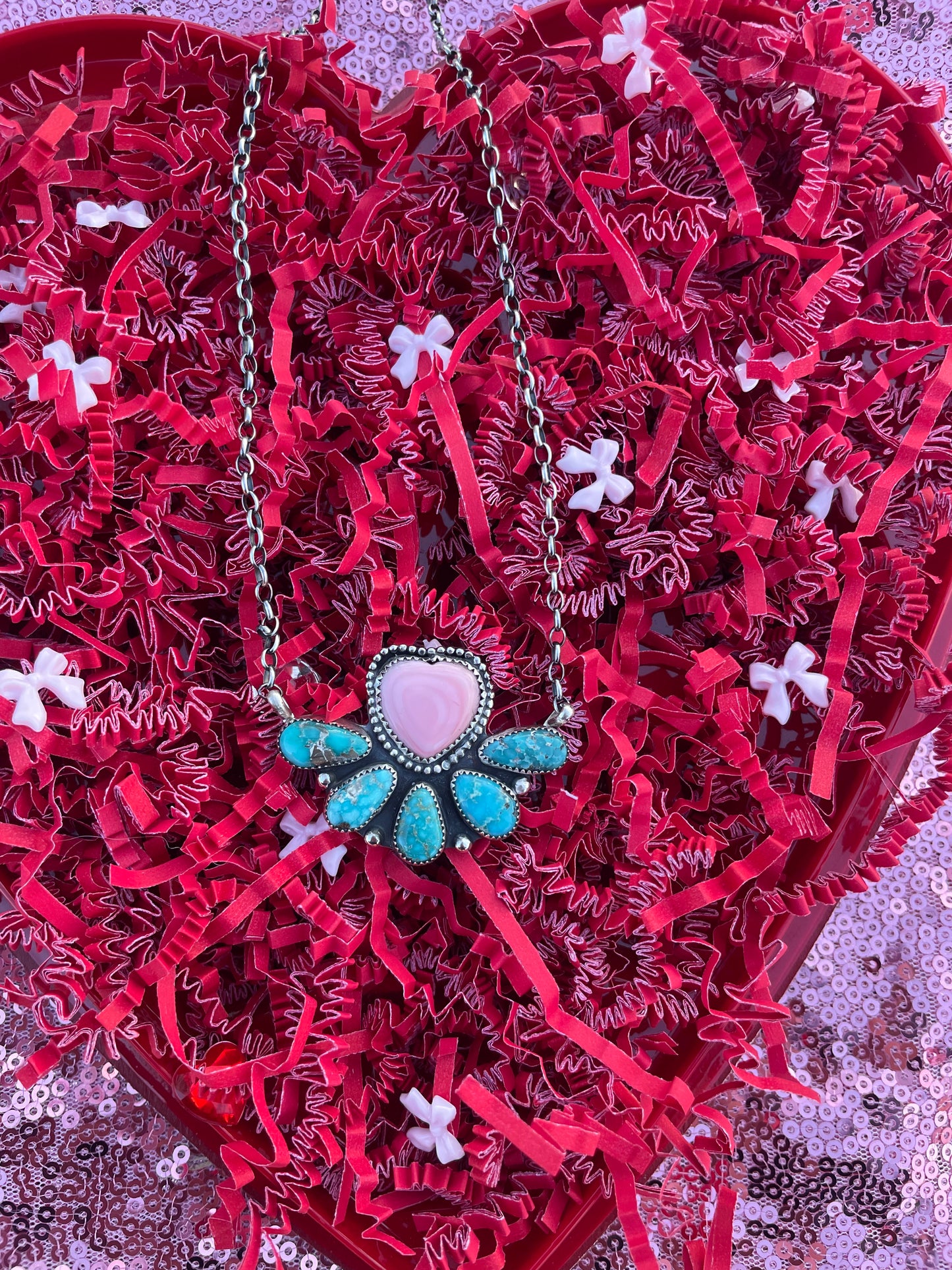 Pink Conch Heart and Whitewater Cluster Necklace