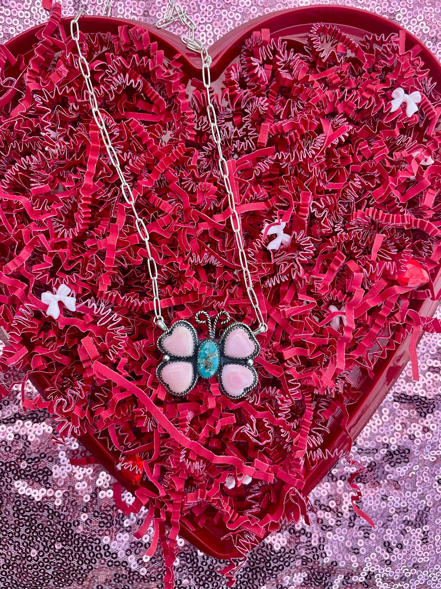 Pink Conch & Whitewater Turquoise Butterfly Necklace